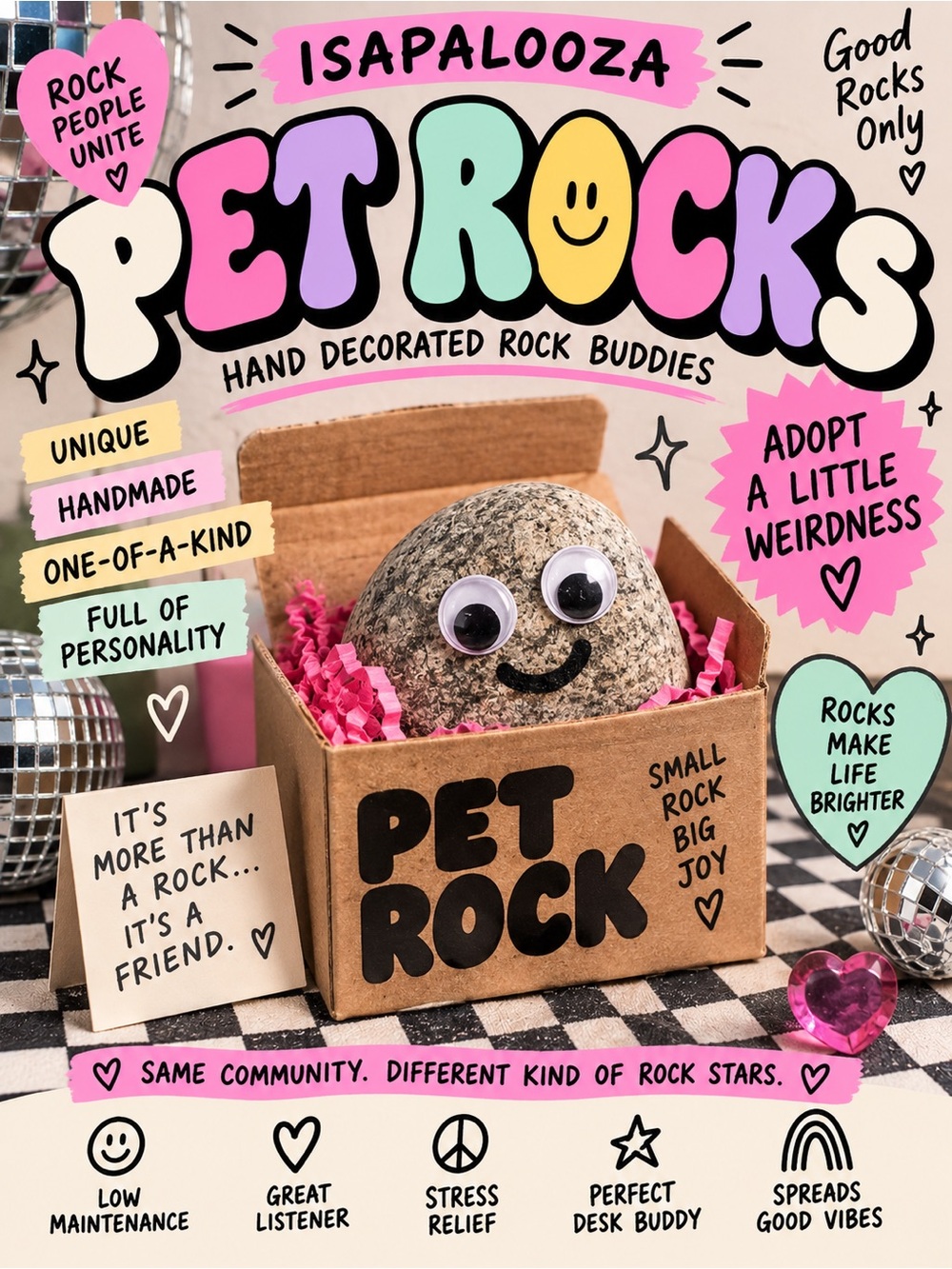 It's a PET ROCK! Decorated Rock Buddy - Adopt a Weird Little Friend